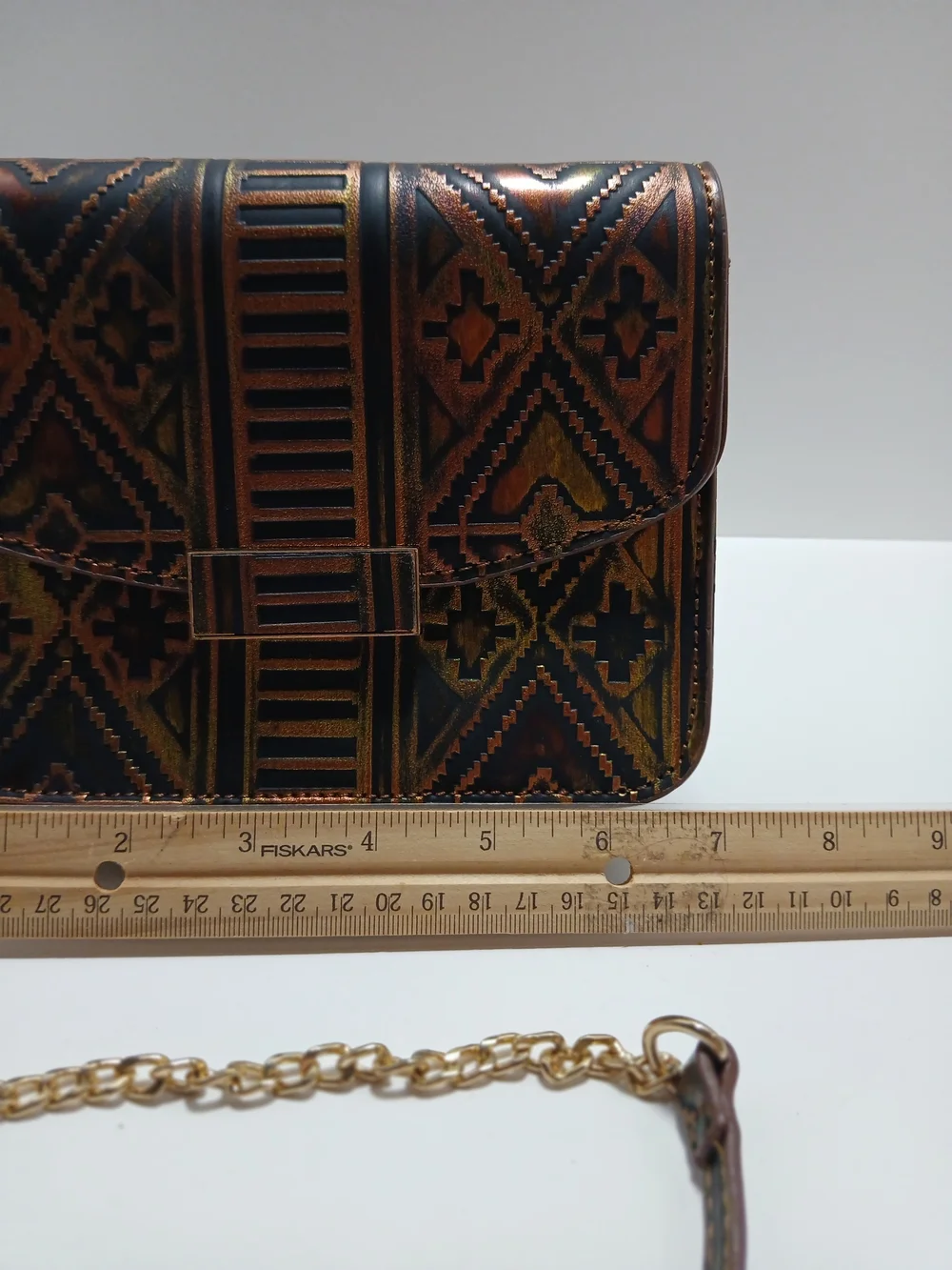 MMS Design Studio Brown and Gold Patterned Chain Crossbody Bag